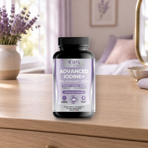 OPA Nutrition Advanced Iodine+ capsules bottle in a daily routine setting