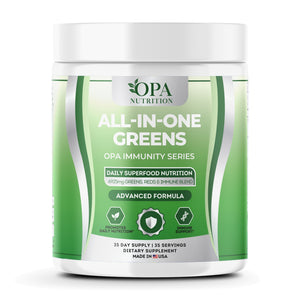 OPA Nutrition All-in-One Greens superfood powder bottle, front label with greens, reds and enzyme blend