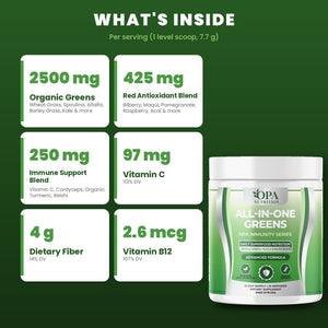 OPA Nutrition All-in-One Greens key ingredients: greens, reds and enzyme blend