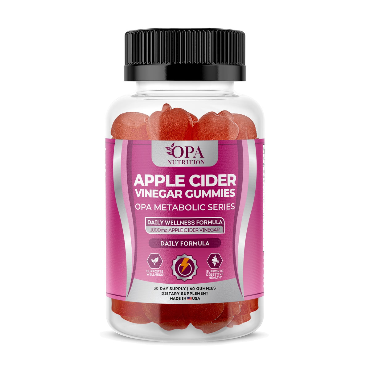 OPA Nutrition Apple Cider Vinegar Gummies bottle, front label with 1000 mg apple cider vinegar