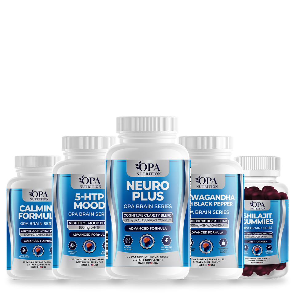 OPA Brain Series supplements: Calming Formula, 5-HTP Mood, Neuro Plus, Ashwagandha and Shilajit Gummies