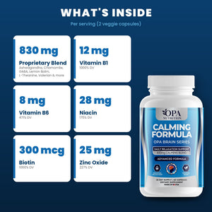 OPA Nutrition Calming Formula key ingredients: B vitamins and calming botanical blend