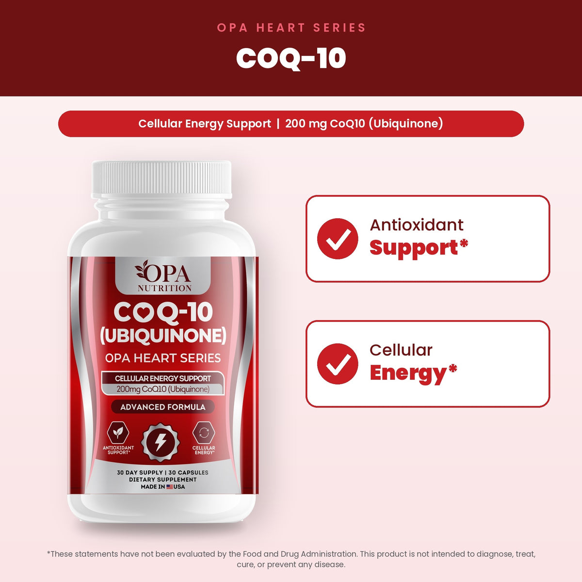 OPA Nutrition CoQ-10 benefits graphic: antioxidant support and cellular energy