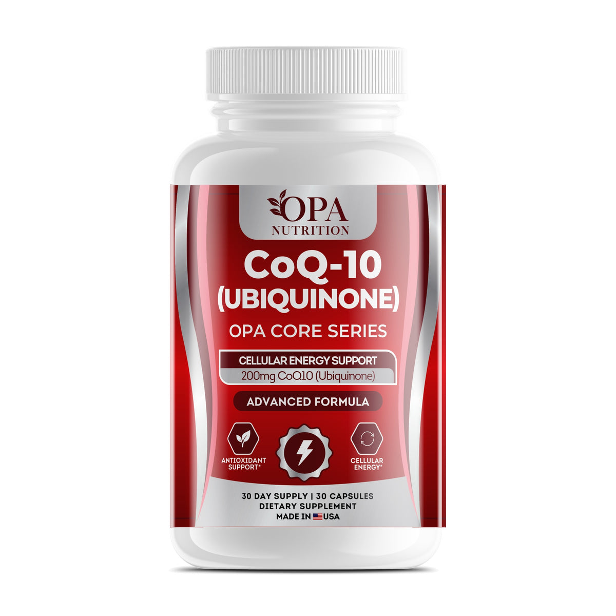 OPA Nutrition CoQ-10 capsules bottle, front label with 200 mg CoQ10 (ubiquinone)