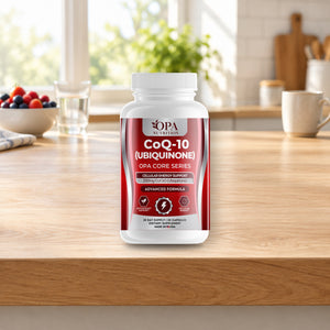 OPA Nutrition CoQ-10 capsules bottle in a daily routine setting