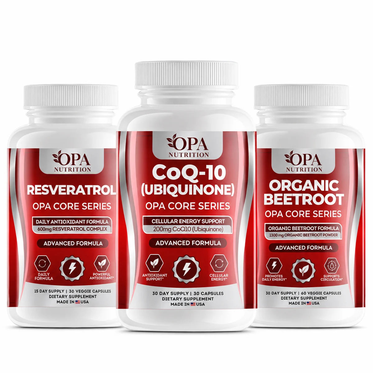 OPA Core Series supplements: Resveratrol 600 mg, CoQ-10 Ubiquinone 200 mg and Organic Beetroot 1,300 mg bottles