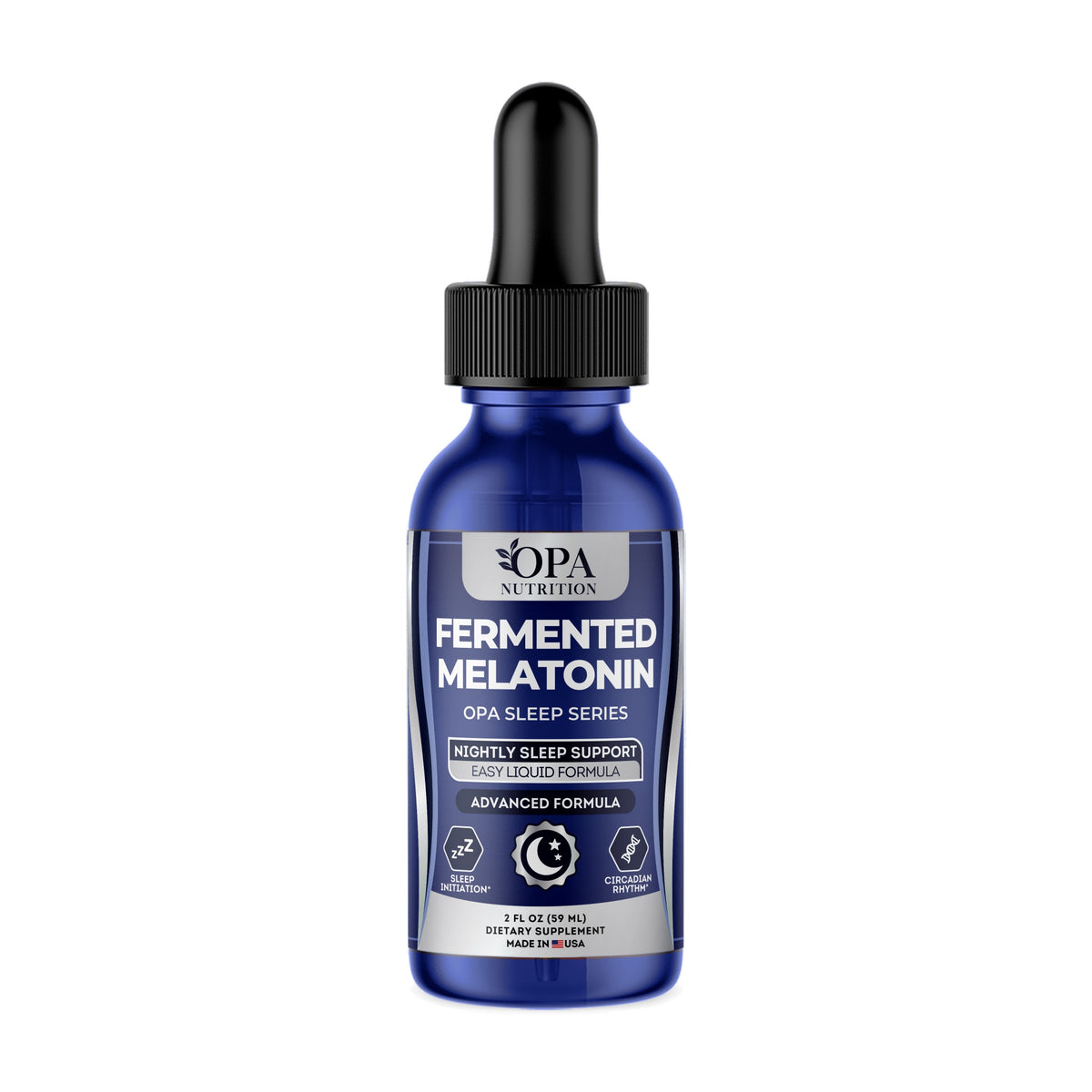 OPA Nutrition Fermented Melatonin liquid drops bottle, front label with fermented melatonin