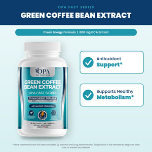 OPA Nutrition Green Coffee Bean Extract benefits graphic: antioxidant support and supports healthy metabolism