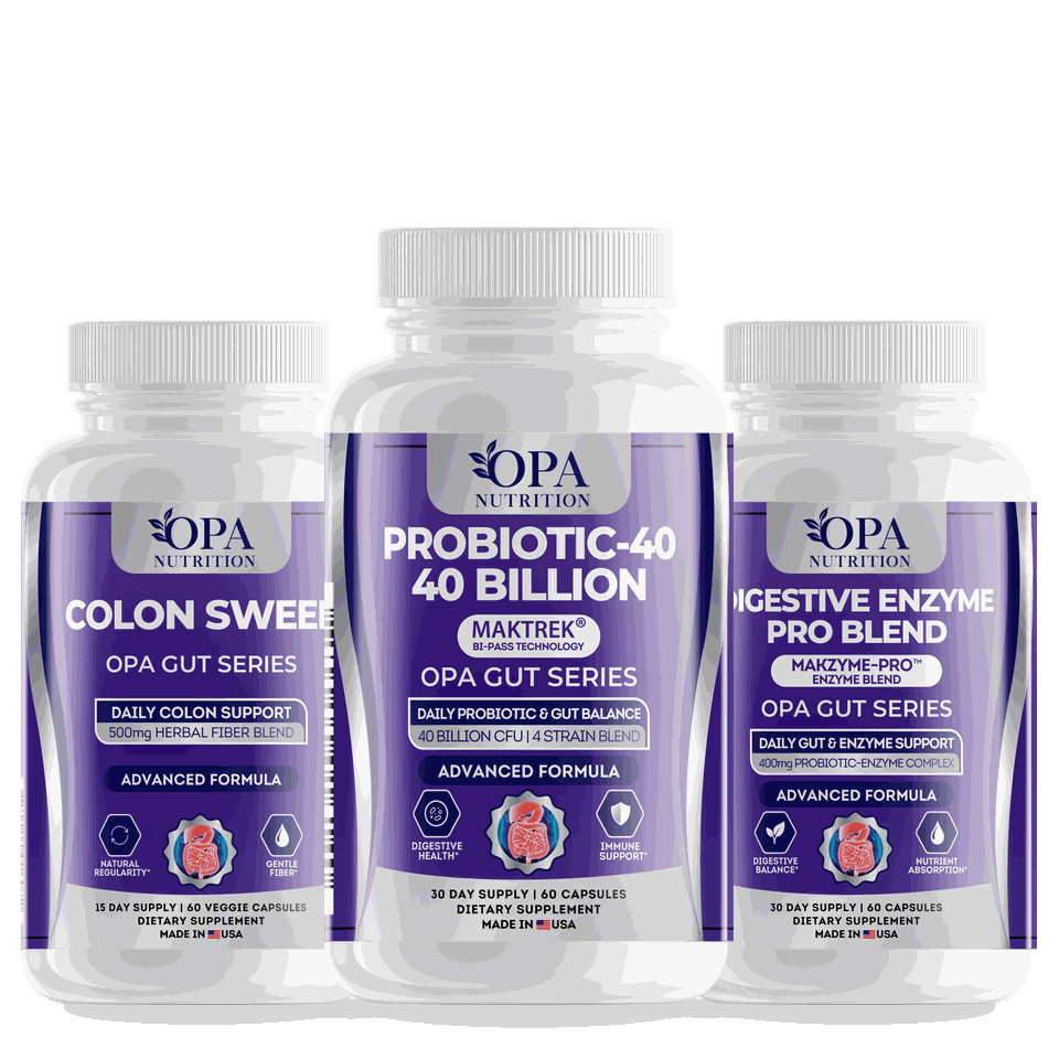 OPA Gut Series supplements: Colon Sweep, Probiotic-40 and Digestive Enzyme Pro Blend
