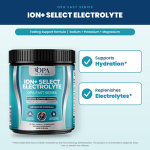 OPA Nutrition ION+ Select Electrolyte benefits graphic: supports hydration and replenishes electrolytes
