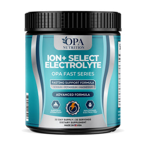 OPA Nutrition ION+ Select Electrolyte electrolyte powder bottle, front label with sodium, potassium and magnesium
