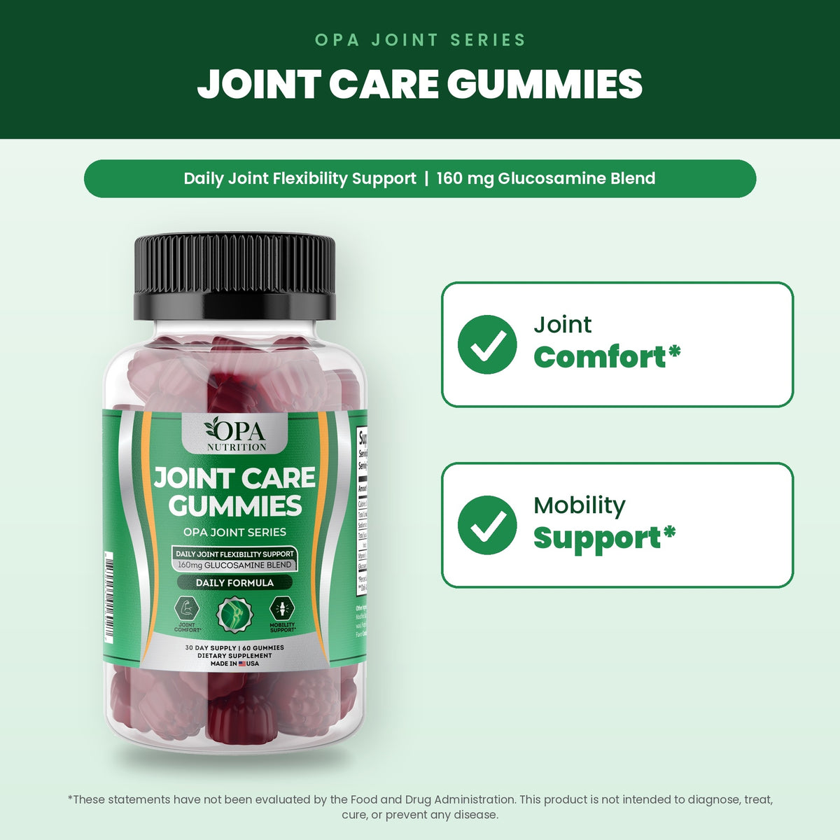 OPA Nutrition Joint Care Gummies benefits graphic: joint comfort and mobility support