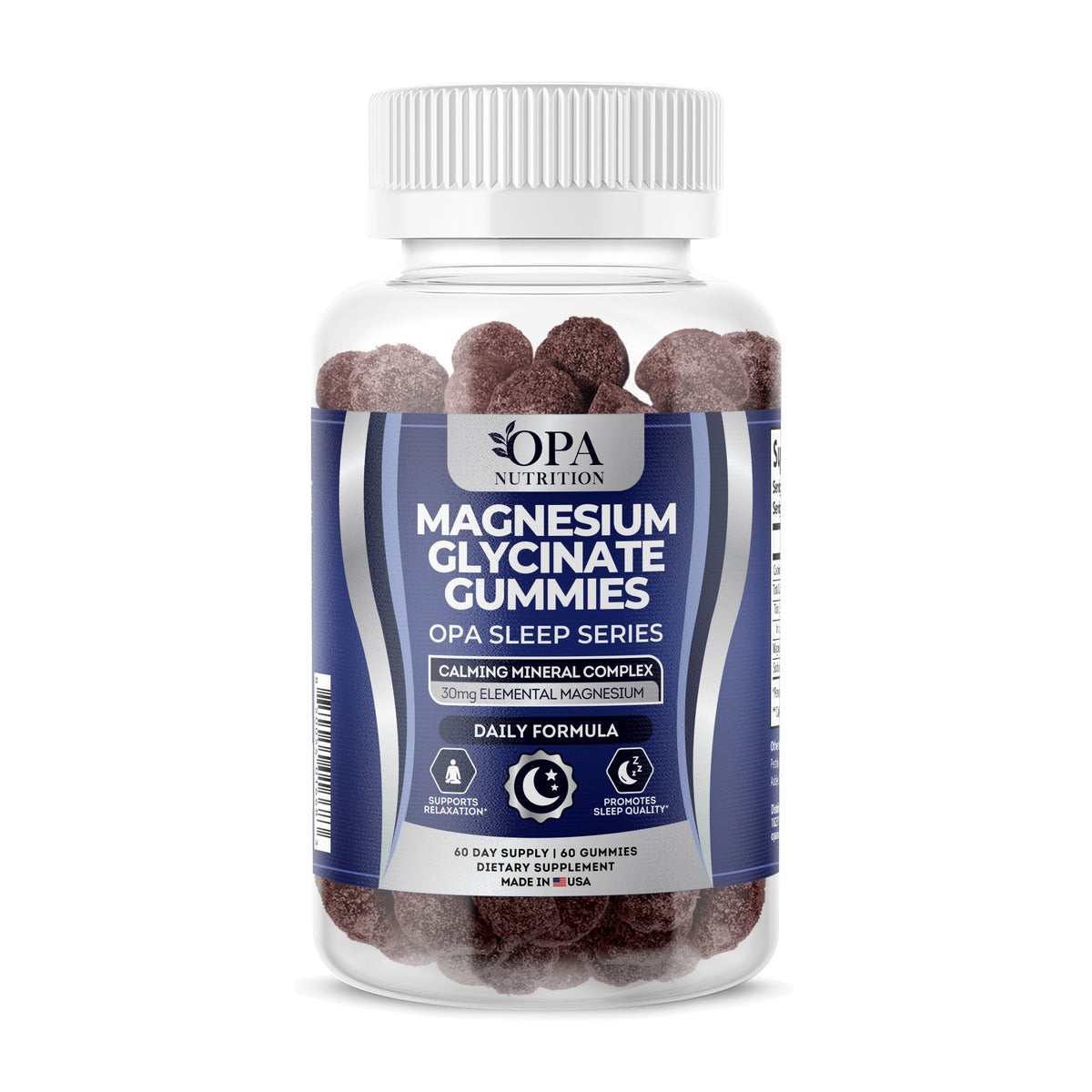 OPA Nutrition Magnesium Glycinate Gummies bottle, front label with magnesium glycinate