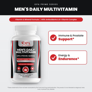 OPA Nutrition Men's Daily Multivitamin benefits graphic: immune & prostate support and energy & endurance