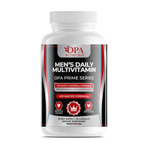 OPA Nutrition Men's Daily Multivitamin capsules bottle, front label with vitamins, minerals and antioxidants