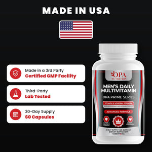 OPA Nutrition Men's Daily Multivitamin quality standards: made in a GMP facility, third-party lab tested, 30-day supply