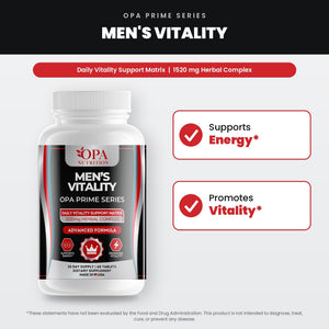 OPA Nutrition Men's Vitality benefits graphic: supports energy and promotes vitality