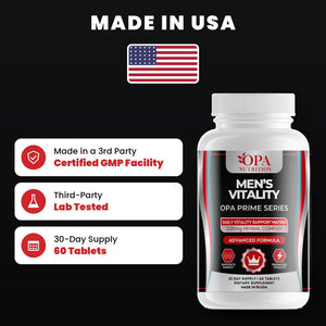 OPA Nutrition Men's Vitality quality standards: made in a GMP facility, third-party lab tested, 30-day supply
