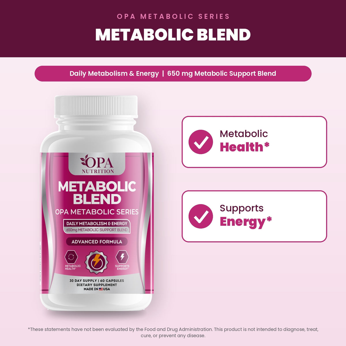 OPA Nutrition Metabolic Blend benefits graphic: metabolic health and supports energy