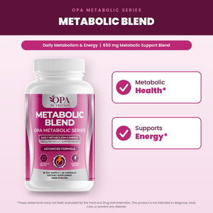 OPA Nutrition Metabolic Blend benefits graphic: metabolic health and supports energy