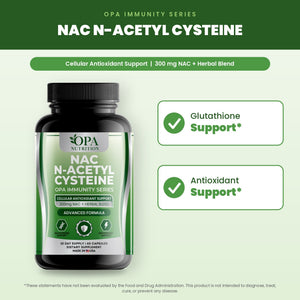 OPA Nutrition NAC N-Acetyl Cysteine benefits graphic: glutathione support and antioxidant support