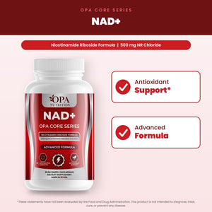 OPA Nutrition NAD+ benefits graphic: antioxidant support and advanced formula