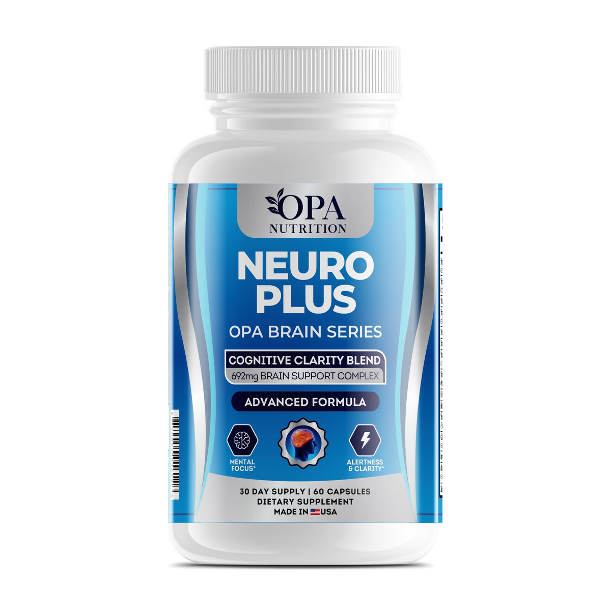 OPA Nutrition Neuro Plus capsules bottle, front label with vitamins, minerals and brain support complex