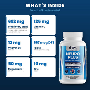 OPA Nutrition Neuro Plus key ingredients: vitamins, minerals and brain support complex
