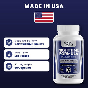 OPA Nutrition Nighttime Formula quality standards: made in a GMP facility, third-party lab tested, 30-day supply