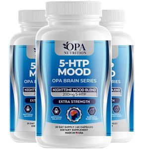 Three-pack of OPA Nutrition 5-HTP Mood Brain Series supplement bottles for nighttime mood support