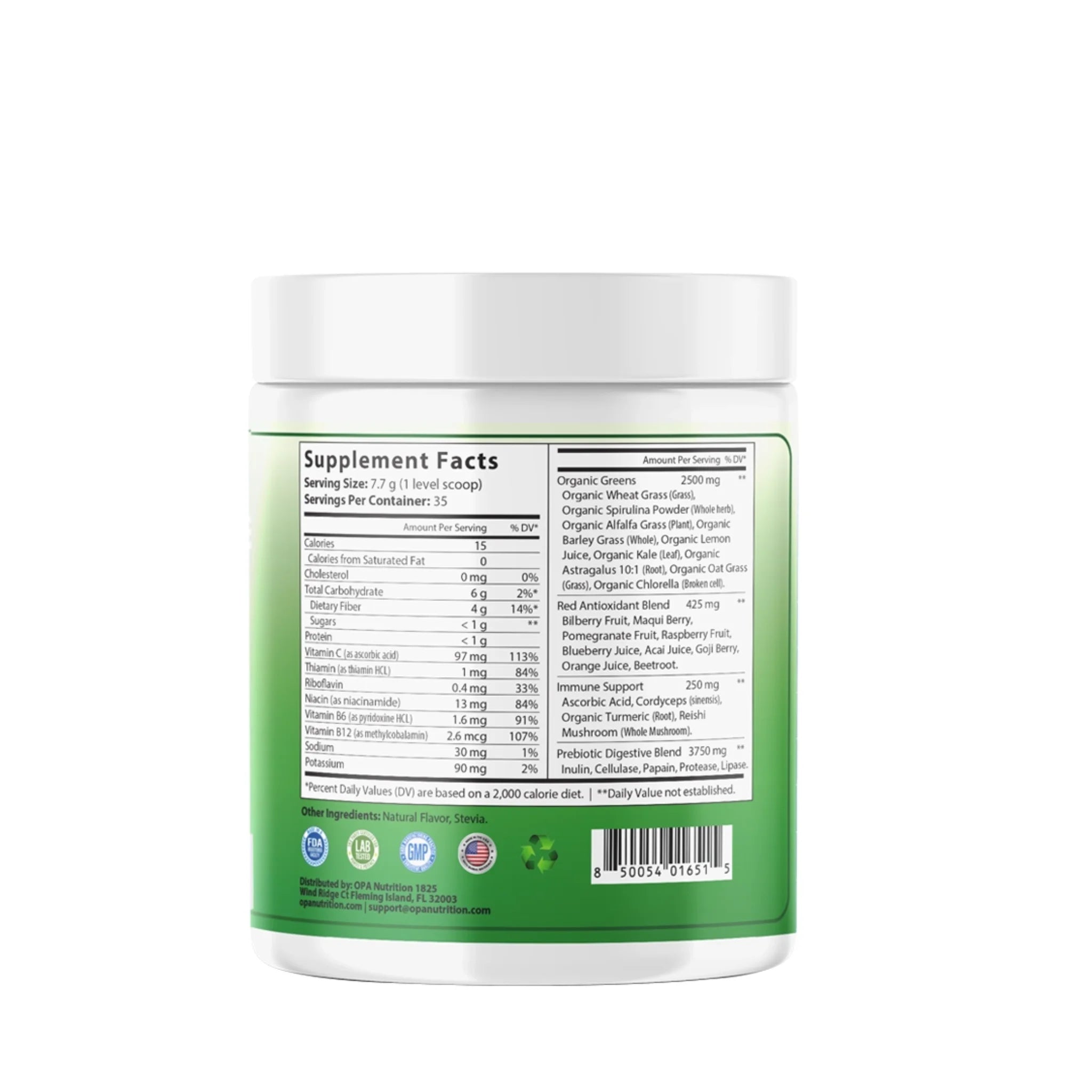 Supplement Facts label on OPA Nutrition All-In-One Greens Immunity Series superfood powder container