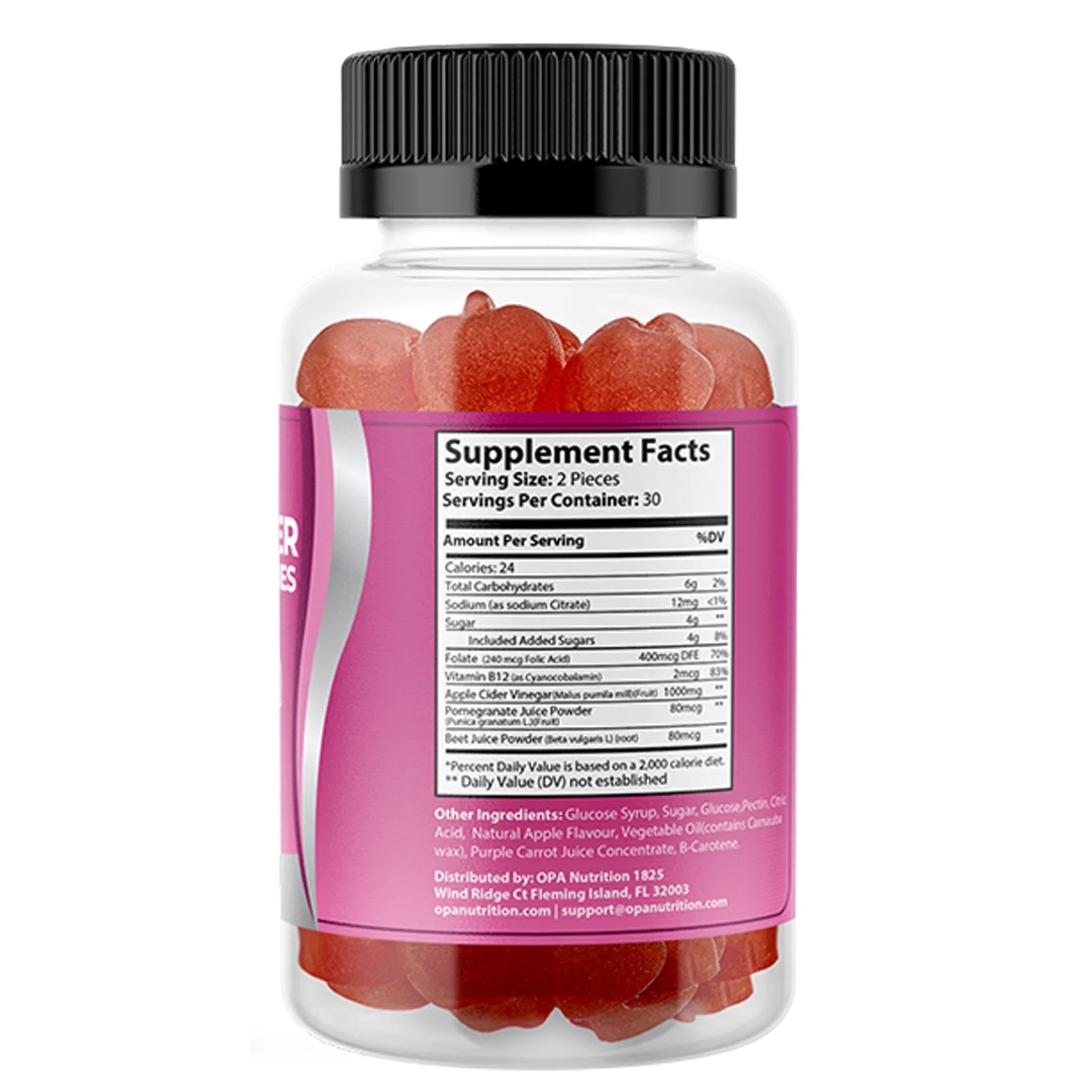 Supplement Facts label on OPA Nutrition Apple Cider Vinegar Gummies Diet Series supplement bottle