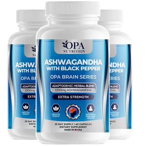 Three-pack of OPA Nutrition Ashwagandha with Black Pepper Brain Series supplement bottles for daily stress support and hormone health support