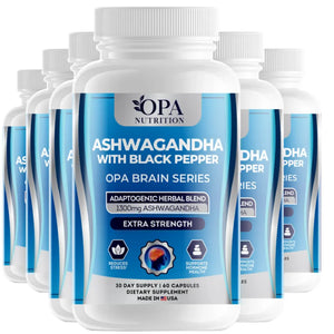 Six-pack of OPA Nutrition Ashwagandha with Black Pepper Brain Series supplement bottles for daily stress support and hormone health support