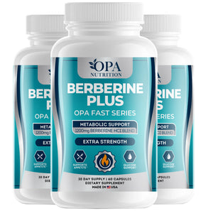 Three-pack of OPA Nutrition Berberine Plus Fast Series supplement bottles for metabolic wellness and glucose support