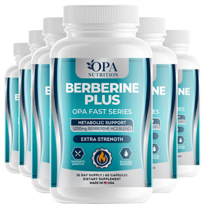 Six-pack of OPA Nutrition Berberine Plus Fast Series supplement bottles for metabolic wellness and glucose support