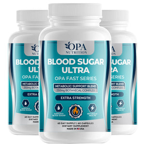 Three-pack of OPA Nutrition Blood Sugar Ultra OPA Fast Series bottles for blood sugar and metabolic health support