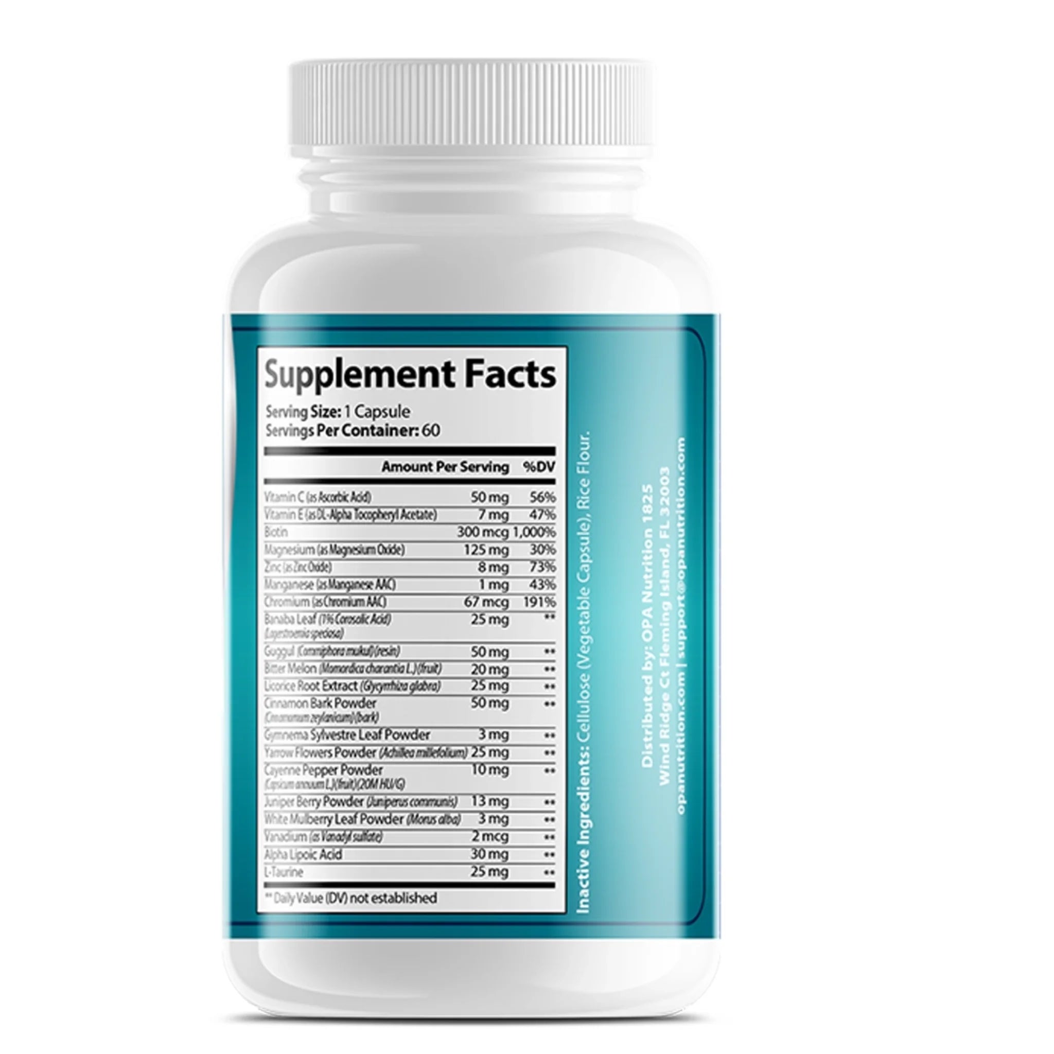 Supplement Facts label on OPA Nutrition Blood Sugar Ultra showing a 250mg botanical complex with vitamins, magnesium, zinc, chromium and other metabolic support ingredients