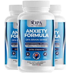Three-pack of OPA Nutrition Calm Support Brain Series supplement bottles for daily emotional wellness support