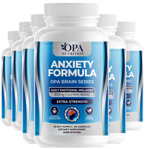 Six-pack of OPA Nutrition Calm Support Brain Series supplement bottles for daily emotional wellness support