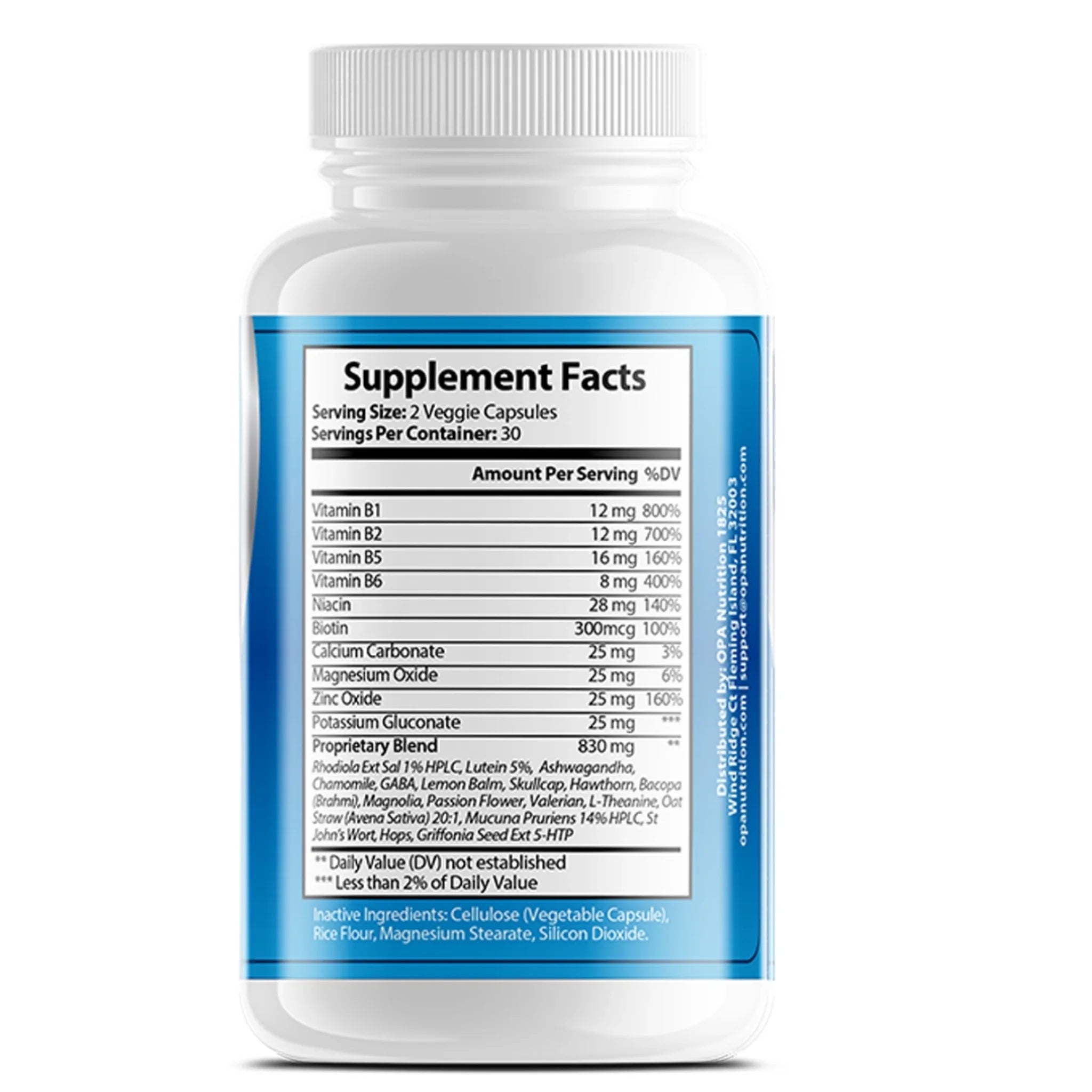 Supplement Facts label on OPA Nutrition Calm Support Brain Series supplement bottle
