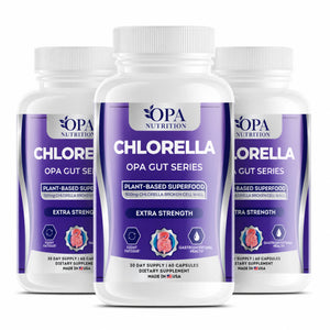 Three-pack of OPA Nutrition Chlorella OPA Gut Series supplement bottles with plant-based superfood and 500mg chlorella broken cell wall on a white background