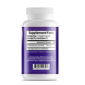 Supplement Facts label for OPA Nutrition Chlorella showing 1 veggie capsule serving size, 500mg chlorella broken cell wall, and 60 servings per container
