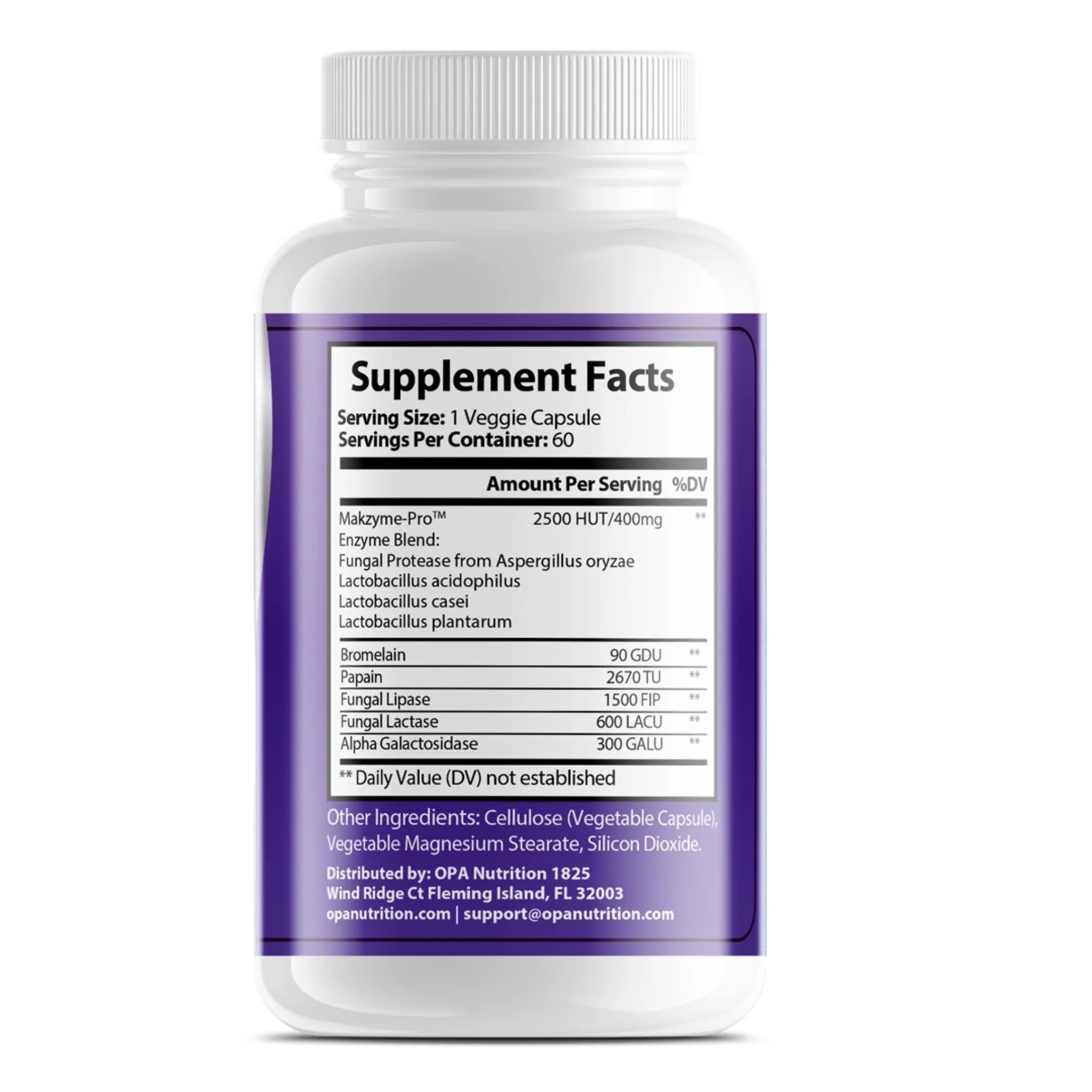 Supplement Facts label on OPA Nutrition Digestive Enzyme Pro Blend showing Makzyme-Pro enzyme blend, bromelain, papain, fungal lipase, fungal lactase and alpha galactosidase