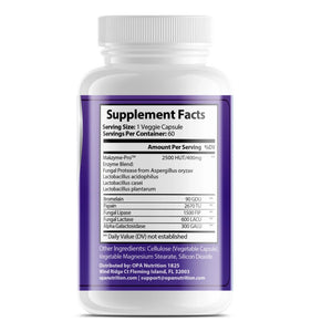 Supplement Facts label on OPA Nutrition Digestive Enzyme Pro Blend showing Makzyme-Pro enzyme blend, bromelain, papain, fungal lipase, fungal lactase and alpha galactosidase