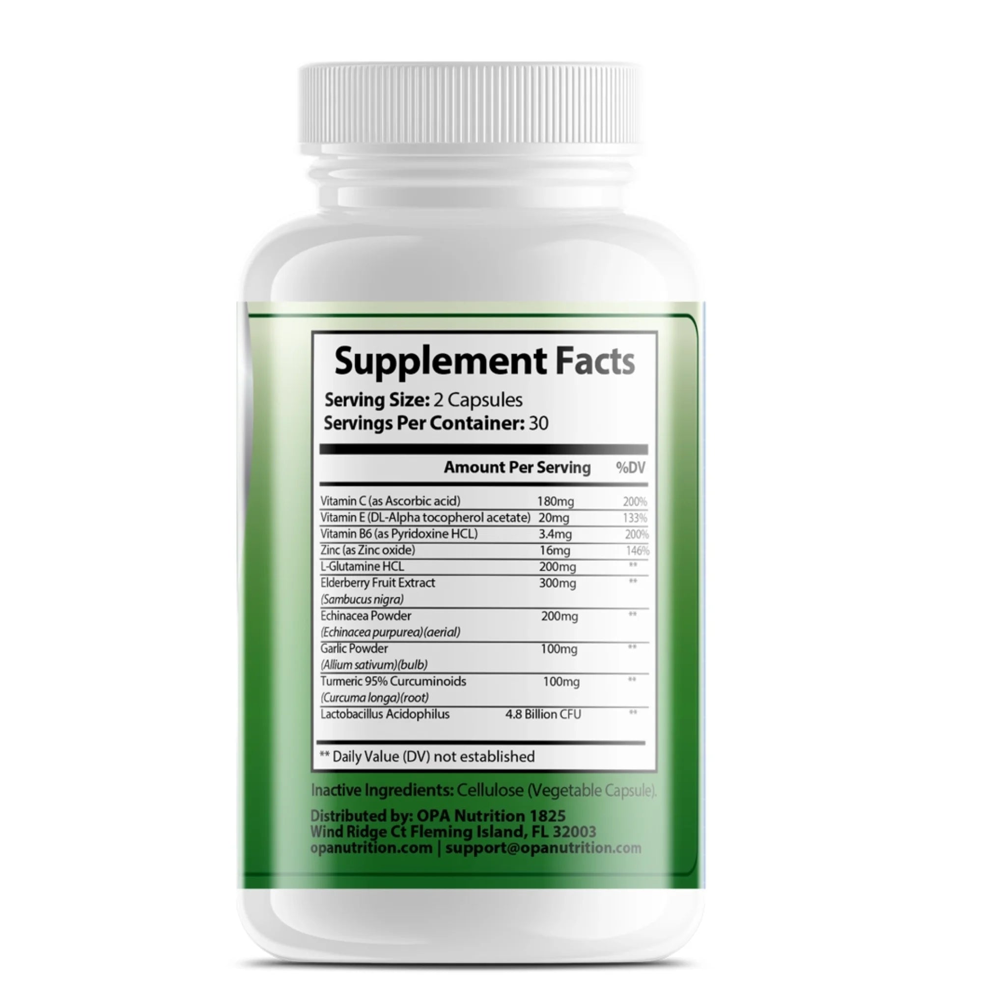 Supplement Facts label on OPA Nutrition Elderberry Immune Support Immunity Series supplement bottle