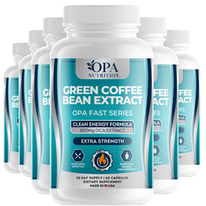 Six-pack of OPA Nutrition Green Coffee Bean Extract Fast Series supplement bottles for clean energy and weight management support
