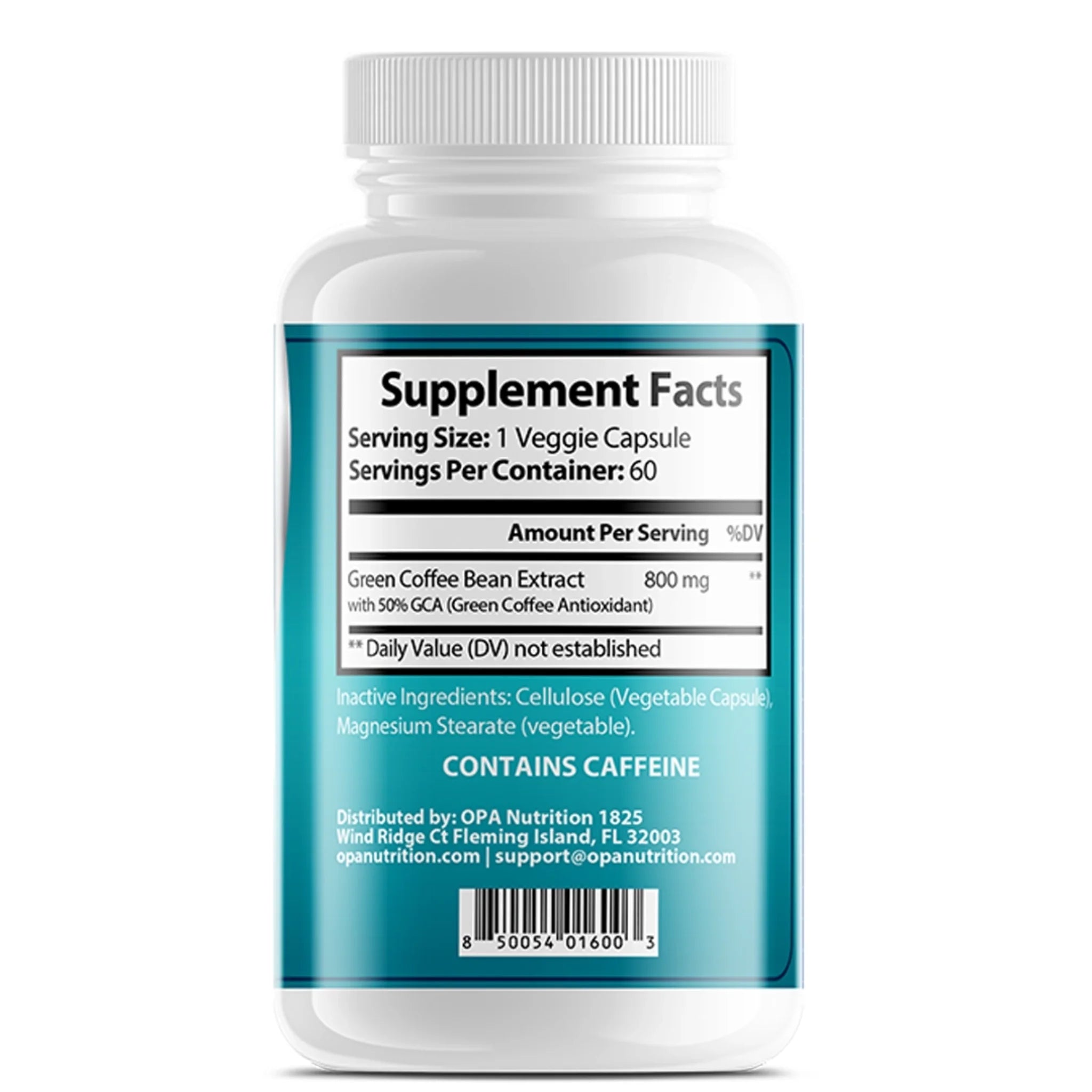 Supplement Facts label on OPA Nutrition Green Coffee Bean Extract Fast Series supplement bottle