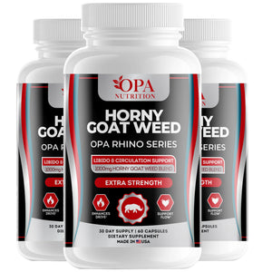Three-pack of OPA Nutrition Horny Goat Weed Rhino Series men’s vitality supplement bottles for daily wellness and circulation support
