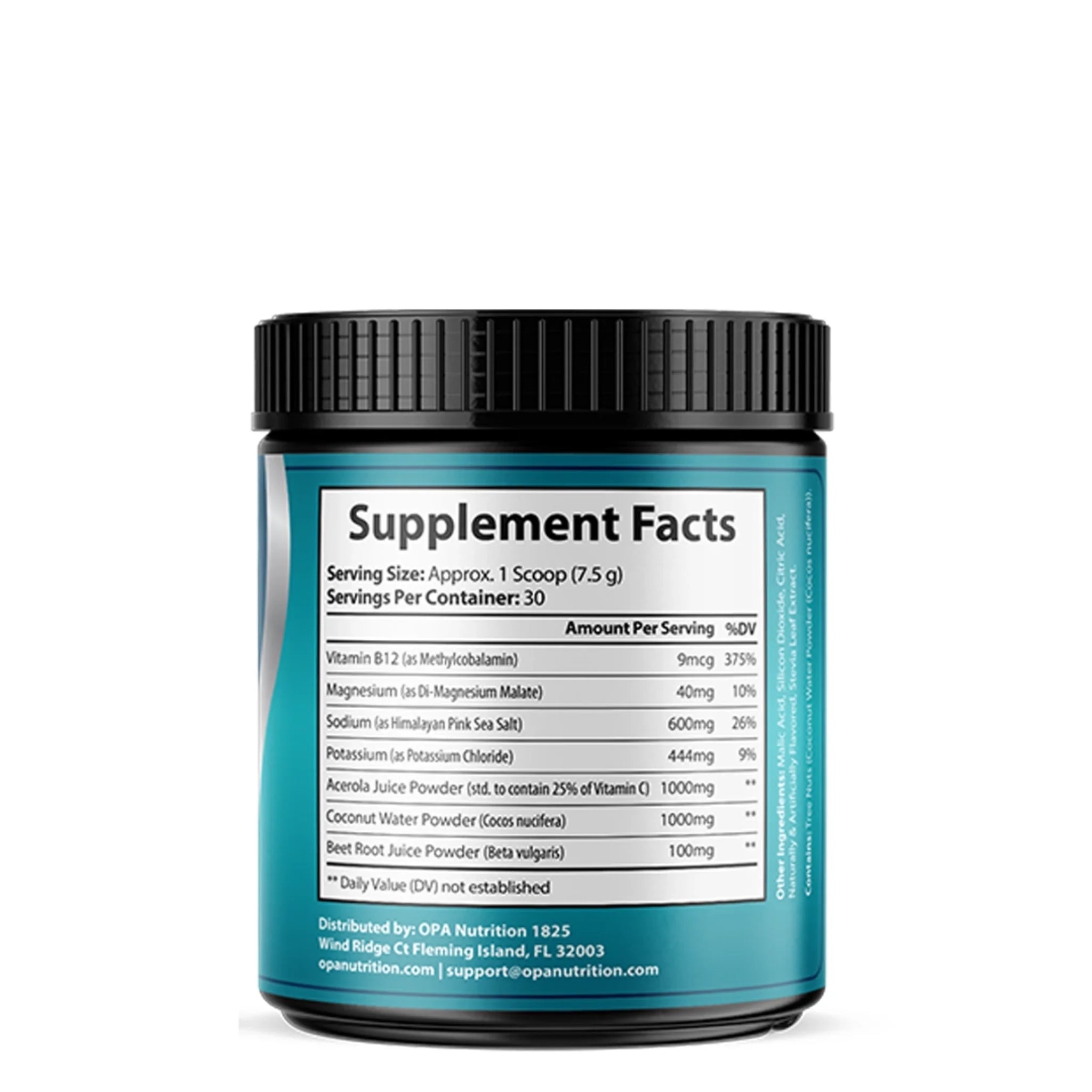 Supplement Facts label on OPA Nutrition ION+ Select Electrolyte Fast Series hydration support powder container